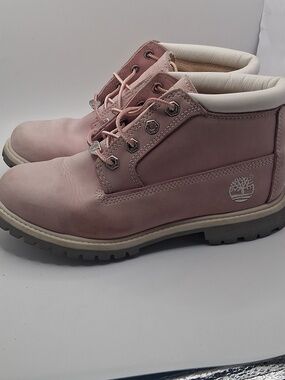 Timberland Pink Leather Hiking Boots with White Collar